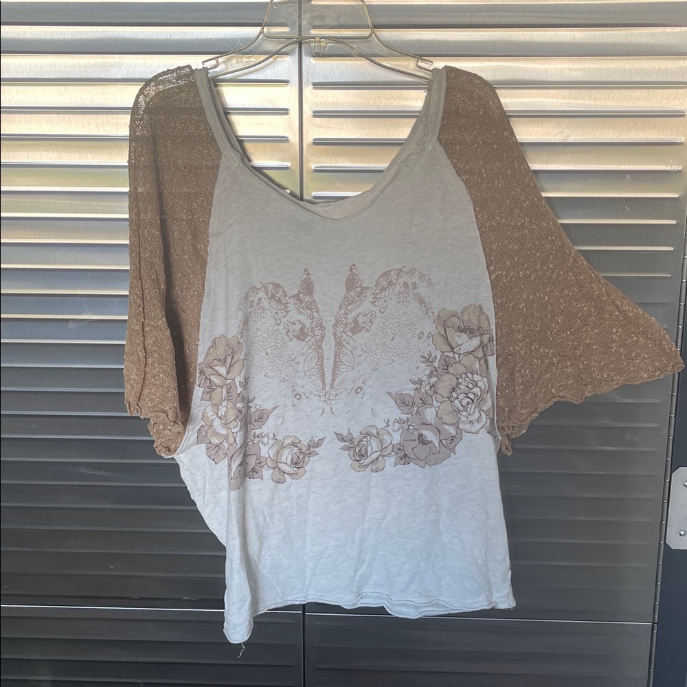 Free People Wilfred Cream and Brown Graphic Top